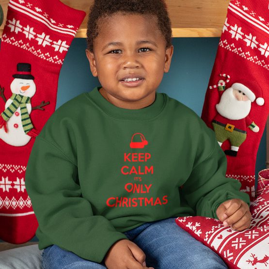 Grüner Weihnachtspullover Kind Keep Calm Its Only Christmas